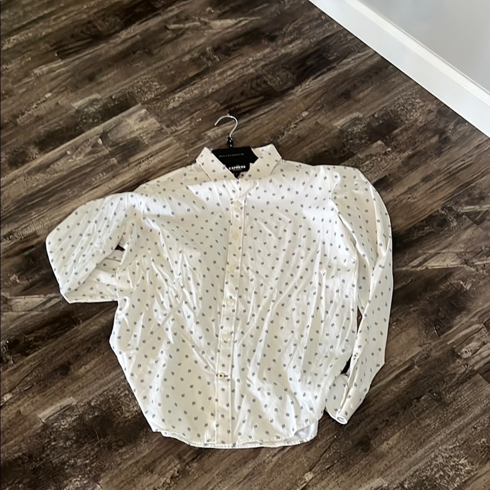 Express White Casual Button Down Shirt with Polka Dot Pattern